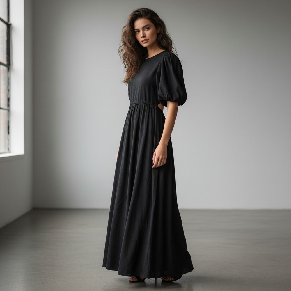 Beach Riot Black Viscose Linen Open Back Puff Sleeve Maxi Dress Size Medium